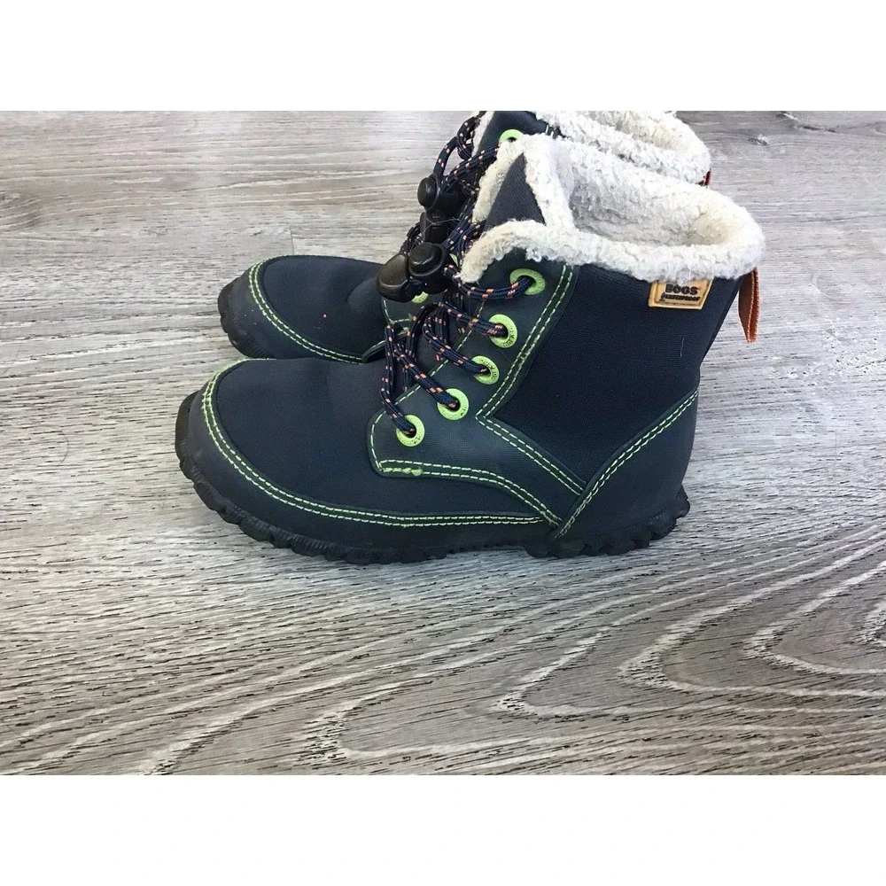 Bogs Skyler Lace Up Snow Boot Youth 11 Navy Blue Insulated Waterproof Faux Fur